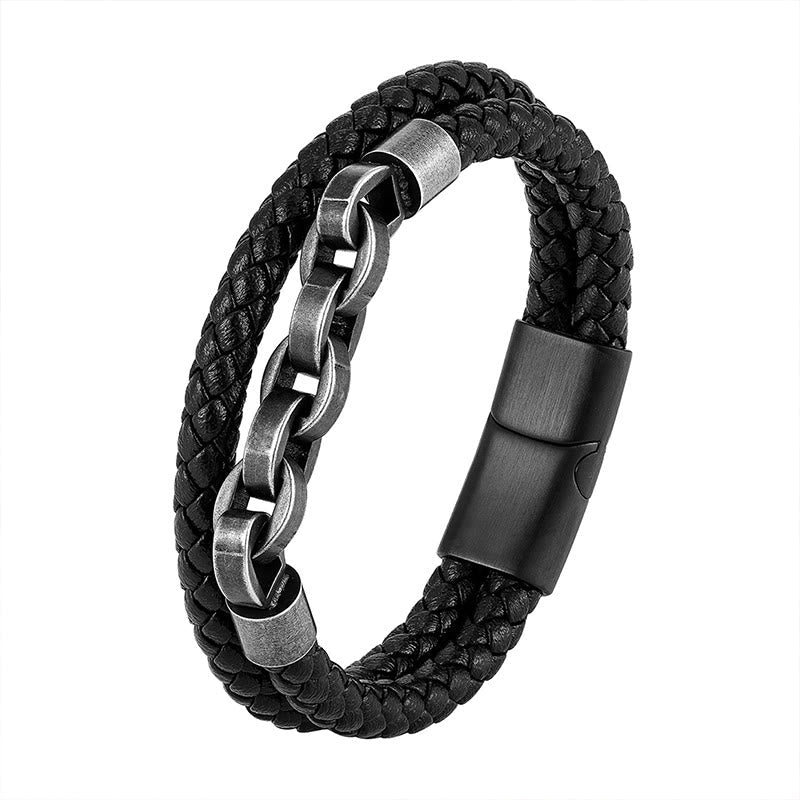 Fortune Jewel Chain Design Titanium Steel Balance Leather Braided Buckle Bracelet