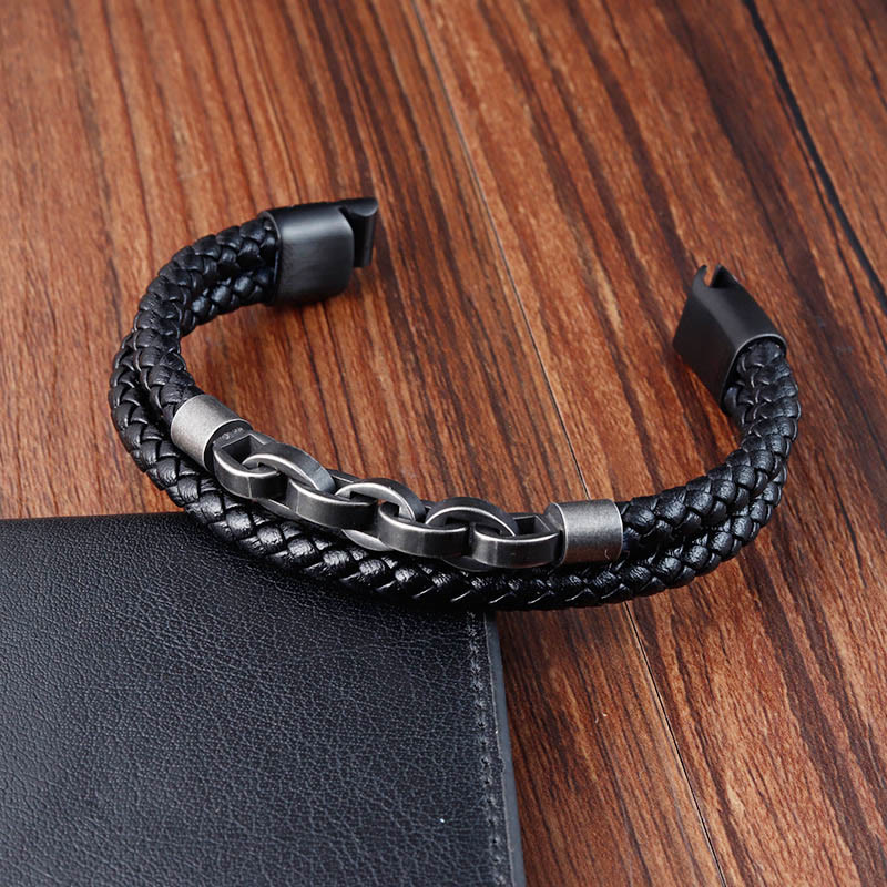 Fortune Jewel Chain Design Titanium Steel Balance Leather Braided Buckle Bracelet