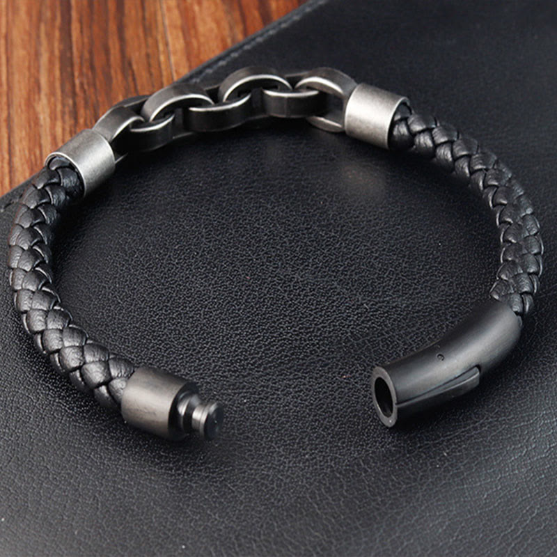 Fortune Jewel Chain Design Titanium Steel Balance Leather Braided Buckle Bracelet