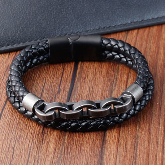 Fortune Jewel Chain Design Titanium Steel Balance Leather Braided Buckle Bracelet