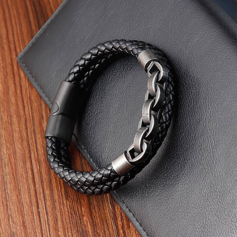 Fortune Jewel Chain Design Titanium Steel Balance Leather Braided Buckle Bracelet