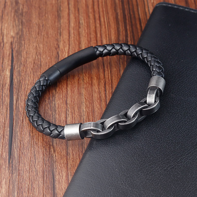 Fortune Jewel Chain Design Titanium Steel Balance Leather Braided Buckle Bracelet