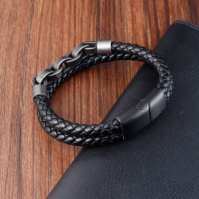 Fortune Jewel Chain Design Titanium Steel Balance Leather Braided Buckle Bracelet