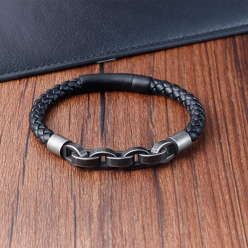 Fortune Jewel Chain Design Titanium Steel Balance Leather Braided Buckle Bracelet
