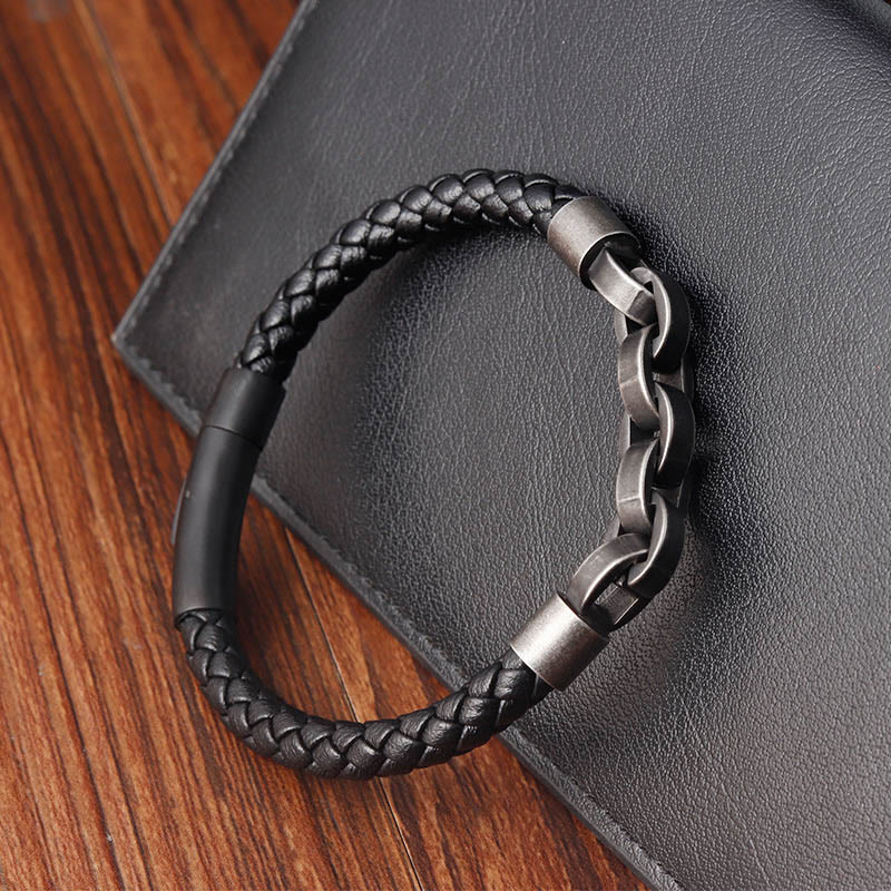 Fortune Jewel Chain Design Titanium Steel Balance Leather Braided Buckle Bracelet