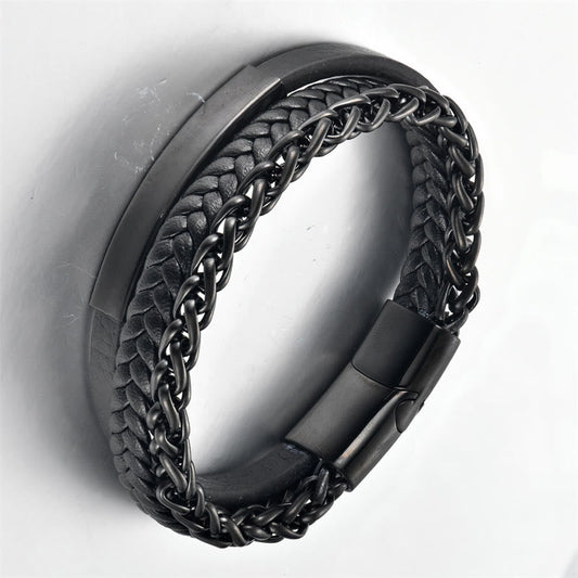 Fortune Jewel Multi-layered Titanium Steel Calm Leather Buckle Bracelet