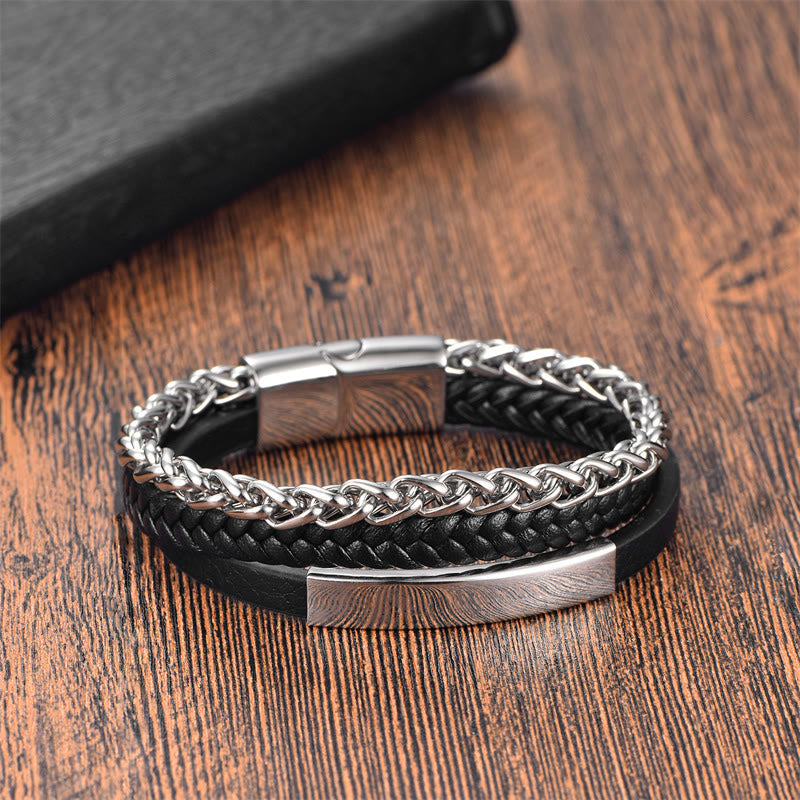 Fortune Jewel Multi-layered Titanium Steel Calm Leather Buckle Bracelet
