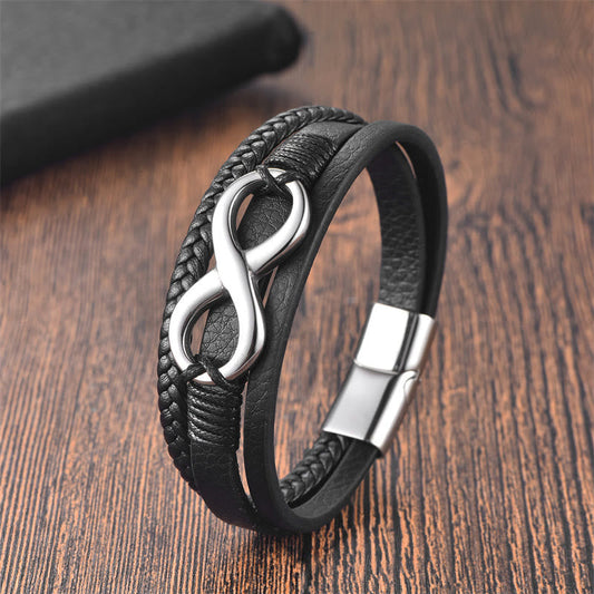 Fortune Jewel Eternal Endless Knot Infinity Symbol Titanium Steel Calm Leather Buckle Bracelet