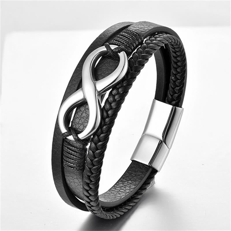Fortune Jewel Eternal Endless Knot Infinity Symbol Titanium Steel Calm Leather Buckle Bracelet