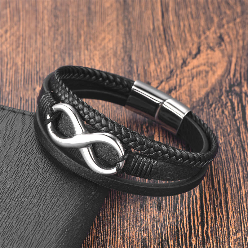 Fortune Jewel Eternal Endless Knot Infinity Symbol Titanium Steel Calm Leather Buckle Bracelet