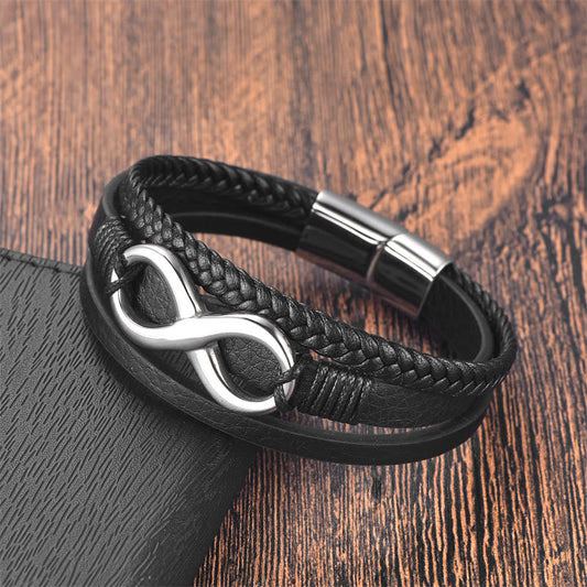 Fortune Jewel Eternal Endless Knot Infinity Symbol Titanium Steel Calm Leather Buckle Bracelet