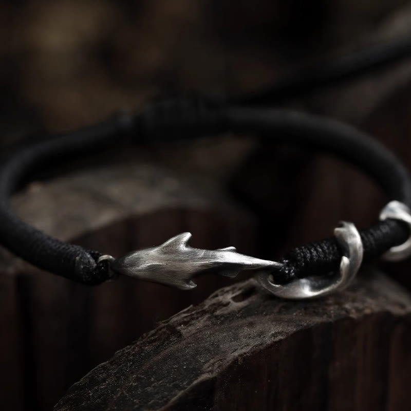 Fortune Jewel 999 Sterling Silver Shark Black Wax Rope Protection Bracelet