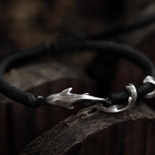 Fortune Jewel 999 Sterling Silver Shark Black Wax Rope Protection Bracelet
