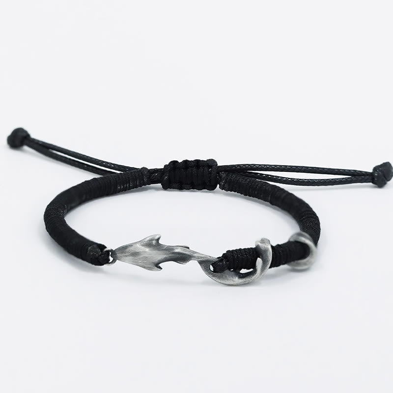 Fortune Jewel 999 Sterling Silver Shark Black Wax Rope Protection Bracelet