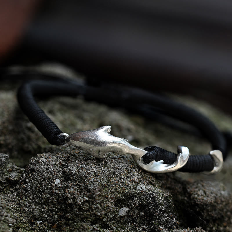 Fortune Jewel 999 Sterling Silver Shark Black Wax Rope Protection Bracelet