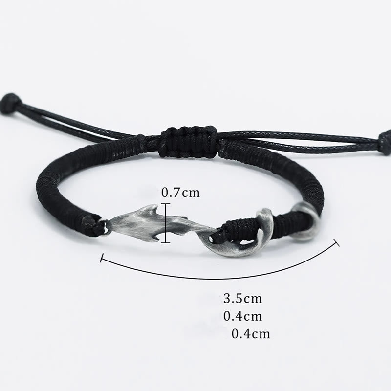 Fortune Jewel 999 Sterling Silver Shark Black Wax Rope Protection Bracelet