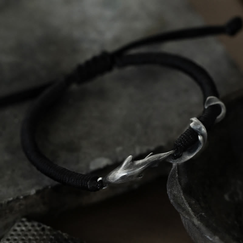 Fortune Jewel 999 Sterling Silver Shark Black Wax Rope Protection Bracelet