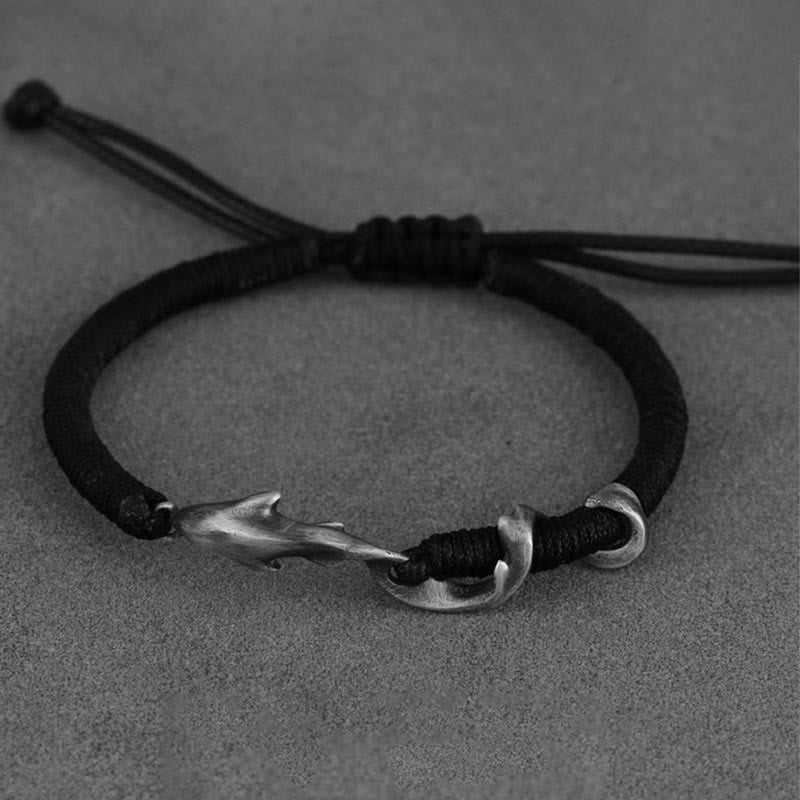 Fortune Jewel 999 Sterling Silver Shark Black Wax Rope Protection Bracelet
