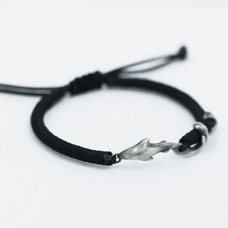 Fortune Jewel 999 Sterling Silver Shark Black Wax Rope Protection Bracelet