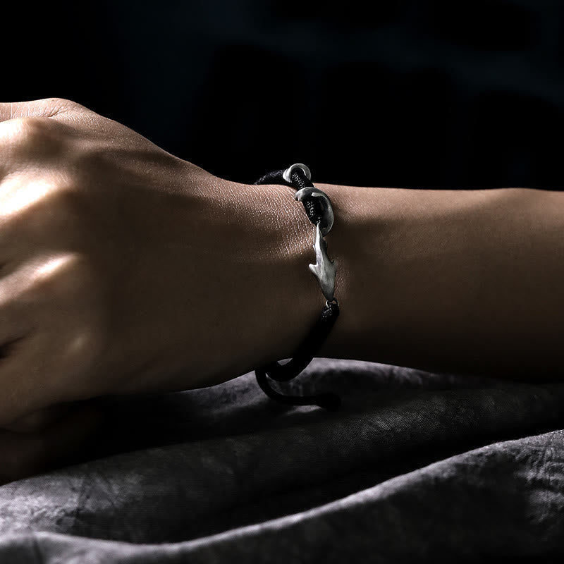 Fortune Jewel 999 Sterling Silver Shark Black Wax Rope Protection Bracelet