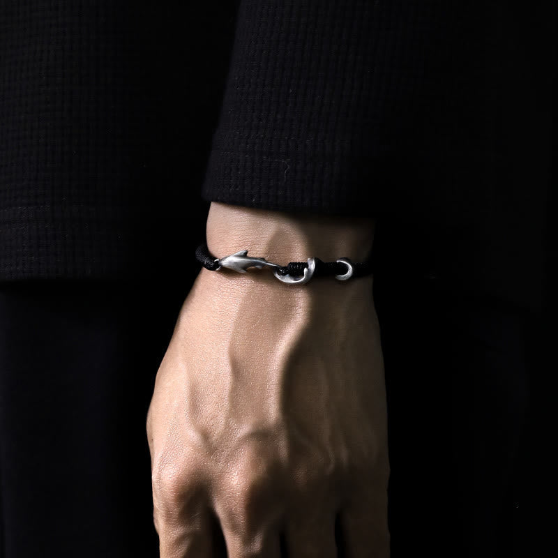 Fortune Jewel 999 Sterling Silver Shark Black Wax Rope Protection Bracelet