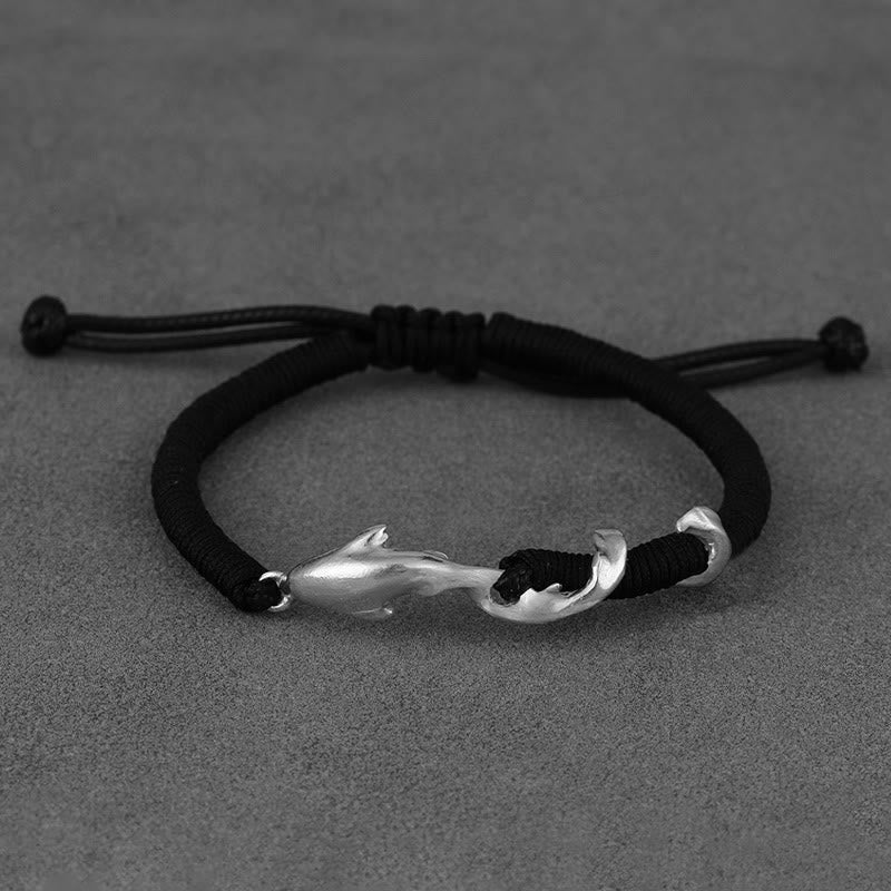 Fortune Jewel 999 Sterling Silver Shark Black Wax Rope Protection Bracelet