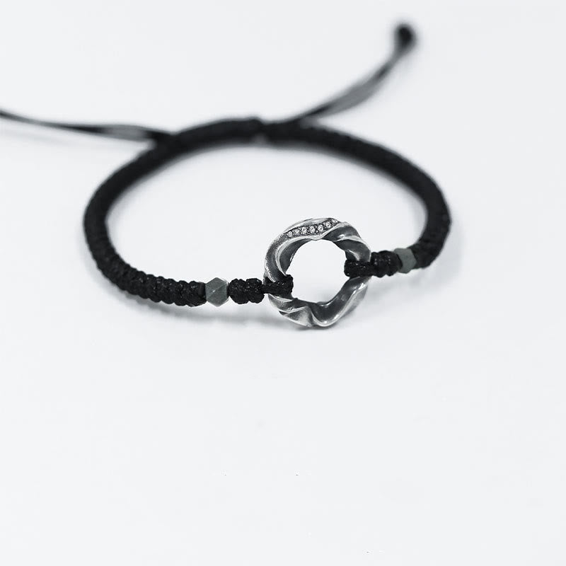 Fortune Jewel 999 Sterling Silver Peace Buckle Black Wax Rope Protection Bracelet
