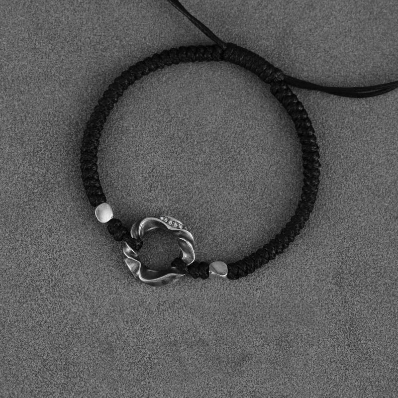 Fortune Jewel 999 Sterling Silver Peace Buckle Black Wax Rope Protection Bracelet