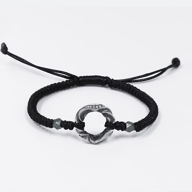 Fortune Jewel 999 Sterling Silver Peace Buckle Black Wax Rope Protection Bracelet