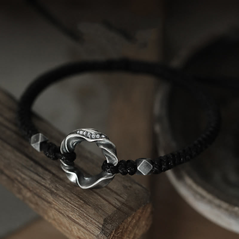 Fortune Jewel 999 Sterling Silver Peace Buckle Black Wax Rope Protection Bracelet
