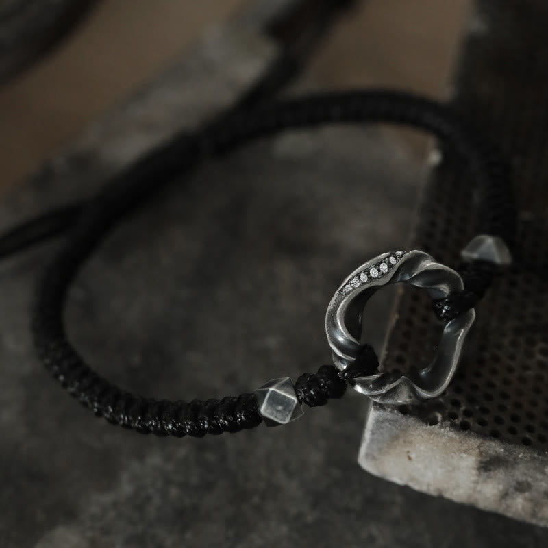 Fortune Jewel 999 Sterling Silver Peace Buckle Black Wax Rope Protection Bracelet