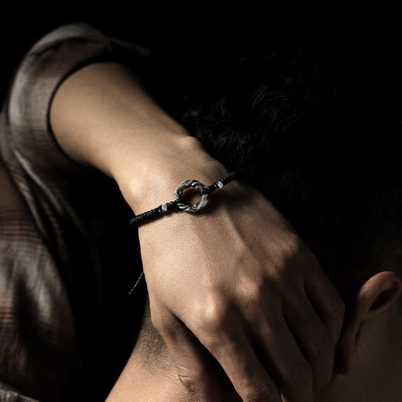 Fortune Jewel 999 Sterling Silver Peace Buckle Black Wax Rope Protection Bracelet