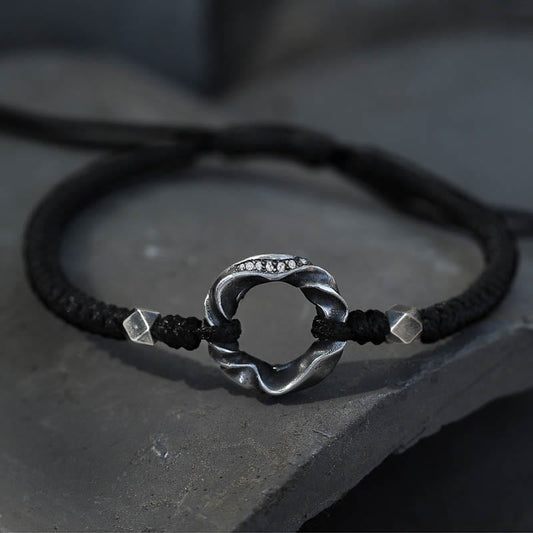 Fortune Jewel 999 Sterling Silver Peace Buckle Black Wax Rope Protection Bracelet