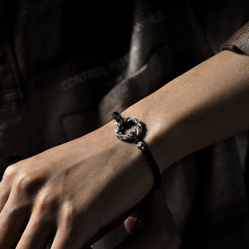 Fortune Jewel 999 Sterling Silver Peace Buckle Black Wax Rope Protection Bracelet