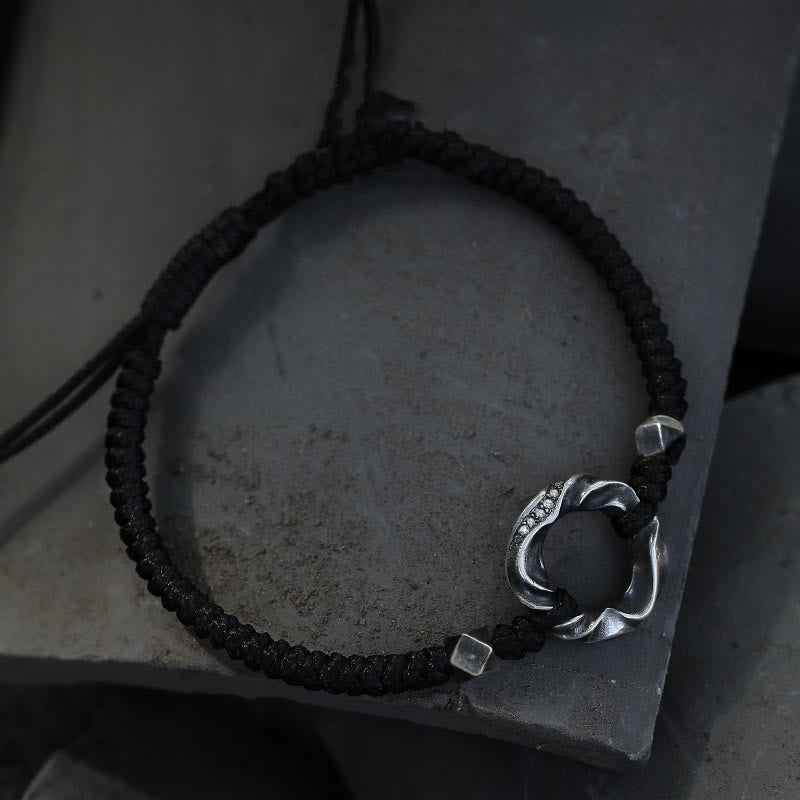 Fortune Jewel 999 Sterling Silver Peace Buckle Black Wax Rope Protection Bracelet
