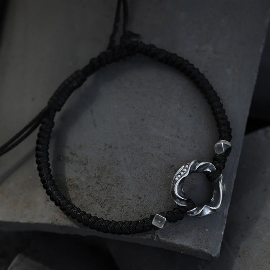 Fortune Jewel 999 Sterling Silver Peace Buckle Black Wax Rope Protection Bracelet