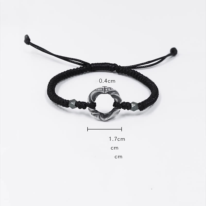 Fortune Jewel 999 Sterling Silver Peace Buckle Black Wax Rope Protection Bracelet