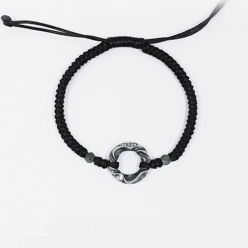 Fortune Jewel 999 Sterling Silver Peace Buckle Black Wax Rope Protection Bracelet