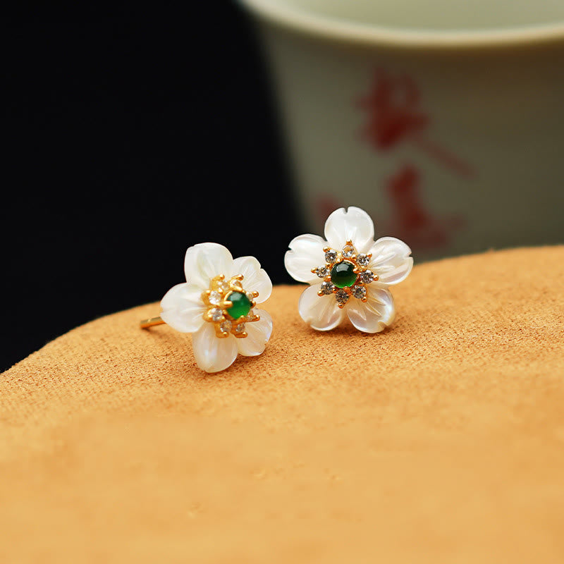 Fortune Jewel 925 Sterling Silver Tridacna Stone Jade Flower Blessing Earrings