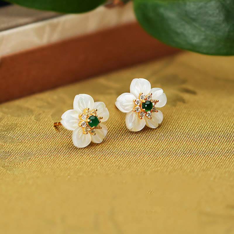 Fortune Jewel 925 Sterling Silver Tridacna Stone Jade Flower Blessing Earrings