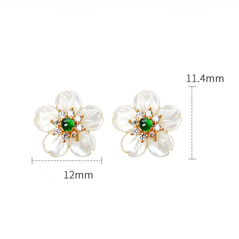 Fortune Jewel 925 Sterling Silver Tridacna Stone Jade Flower Blessing Earrings
