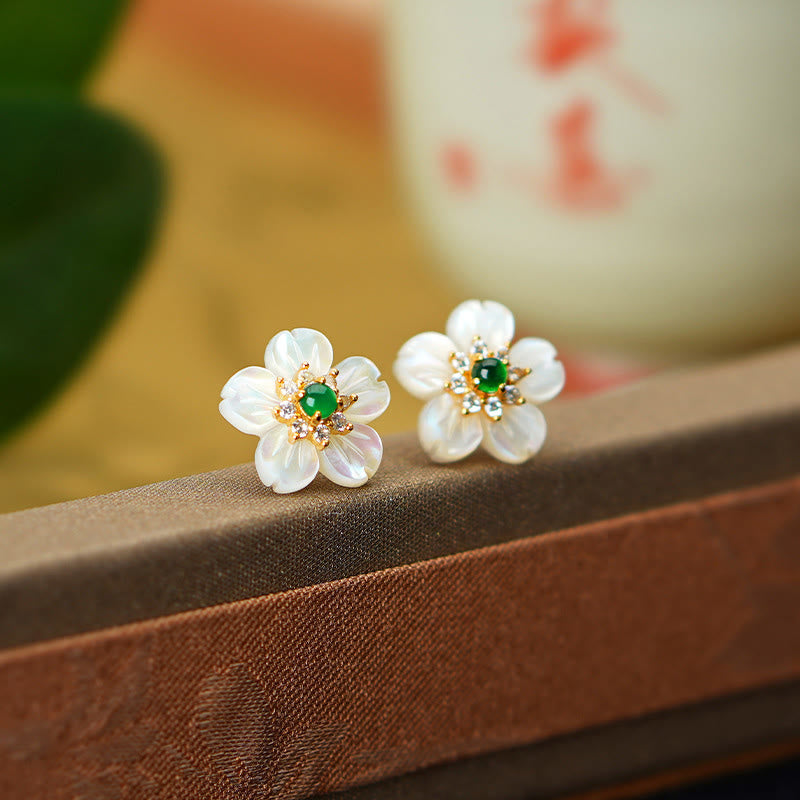Fortune Jewel 925 Sterling Silver Tridacna Stone Jade Flower Blessing Earrings