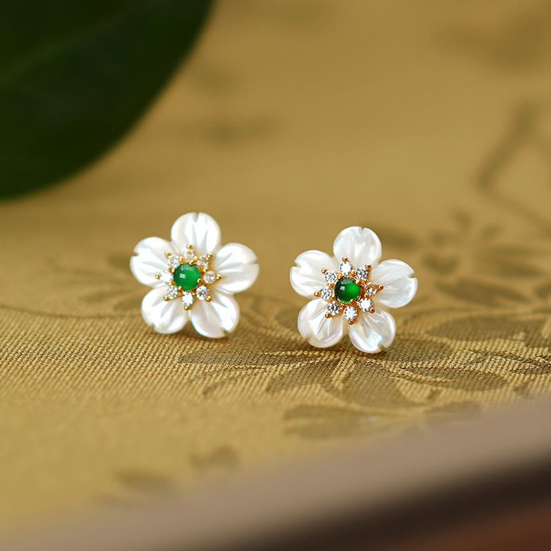 Fortune Jewel 925 Sterling Silver Tridacna Stone Jade Flower Blessing Earrings