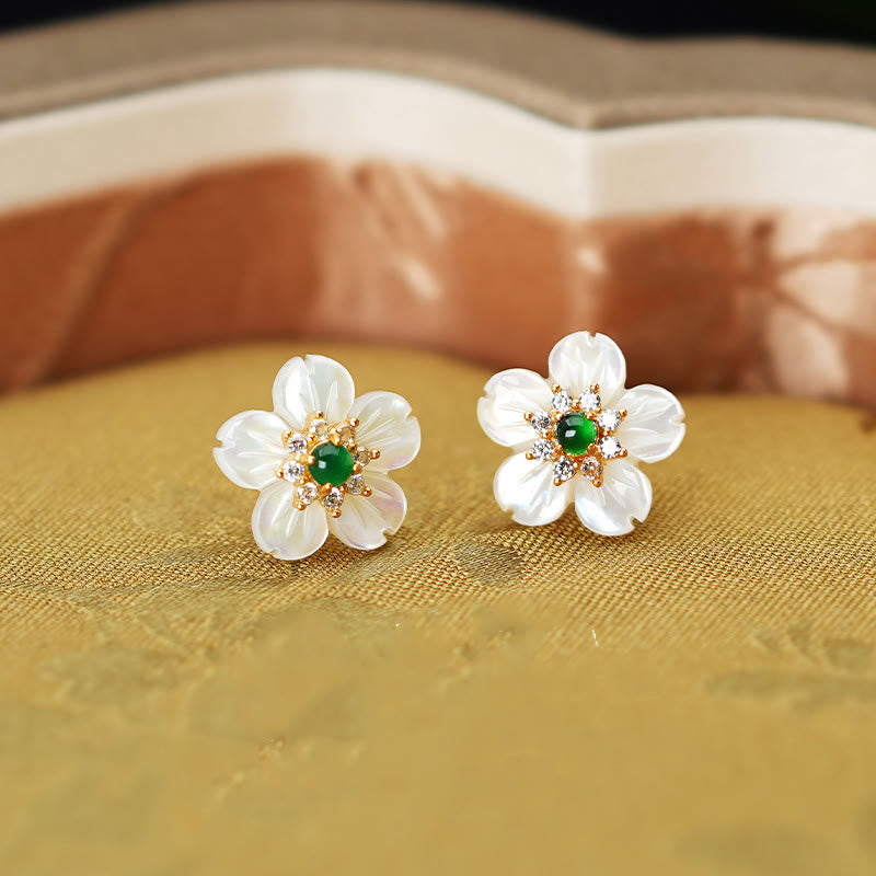 Fortune Jewel 925 Sterling Silver Tridacna Stone Jade Flower Blessing Earrings