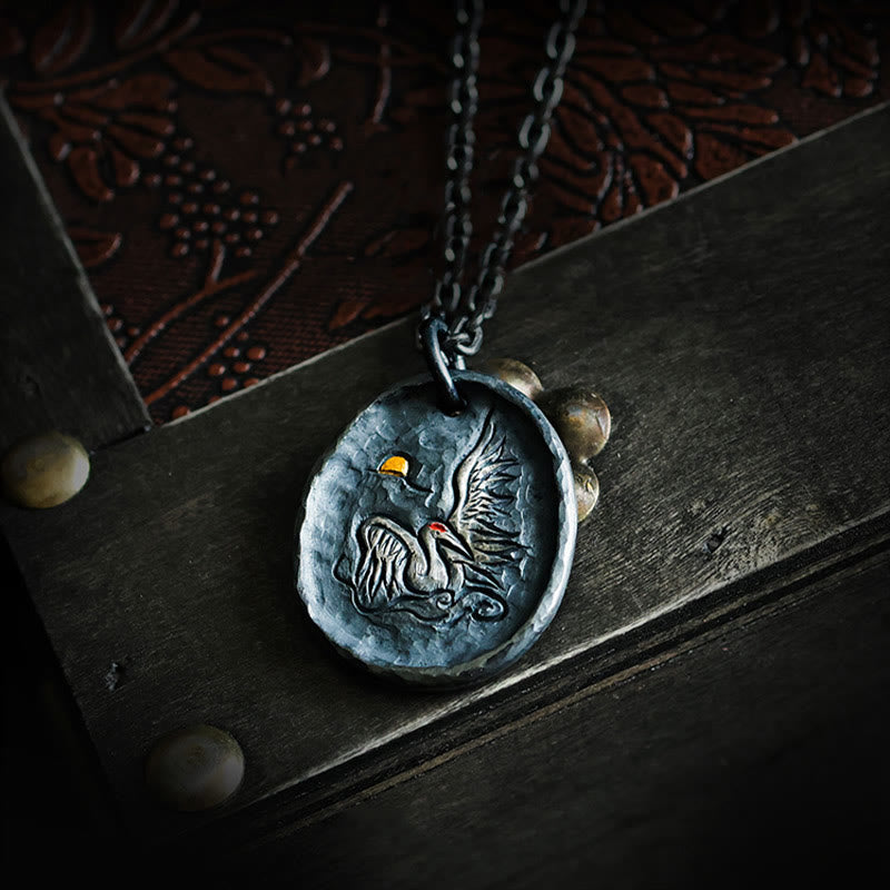 Fortune Jewel 999 Sterling Silver 24k Gold Crane Auspicious Clouds Balance Necklace Pendant