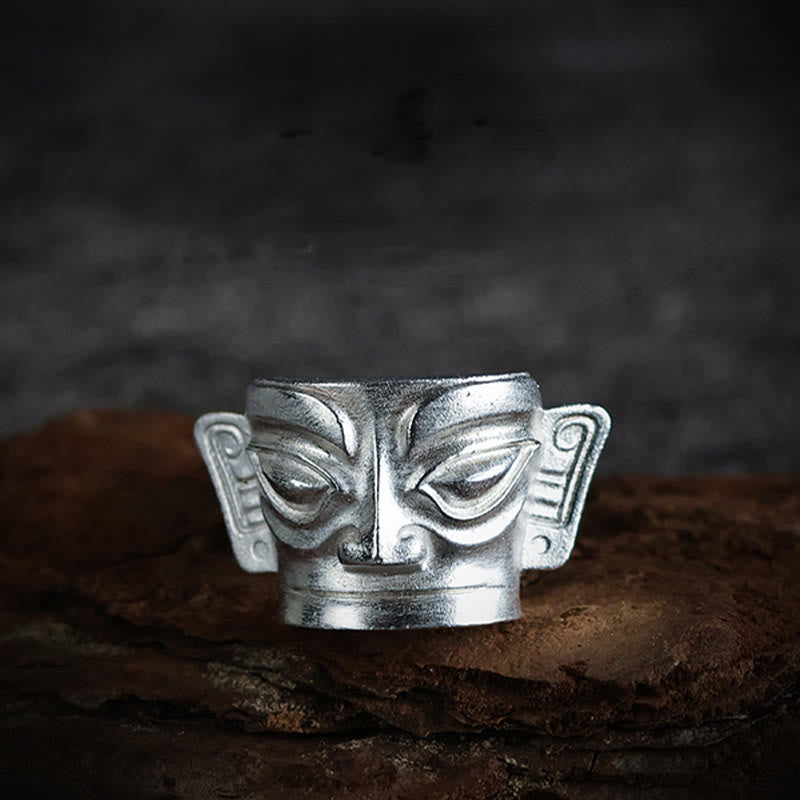 Fortune Jewel 999 Sterling Silver Hand Casting Sanxingdui Mask Protection Ring