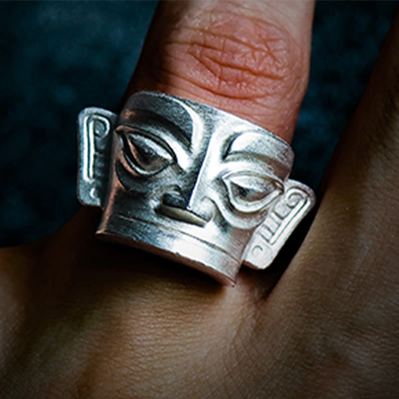 Fortune Jewel 999 Sterling Silver Hand Casting Sanxingdui Mask Protection Ring