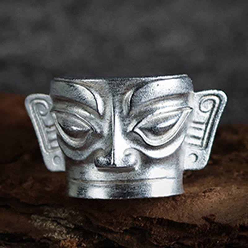 Fortune Jewel 999 Sterling Silver Hand Casting Sanxingdui Mask Protection Ring