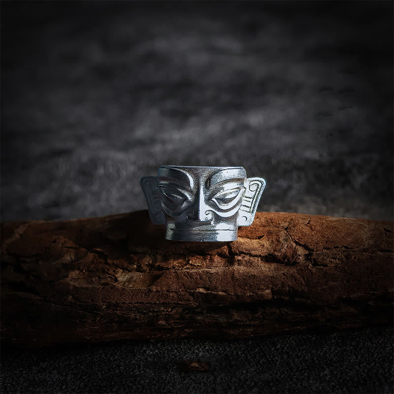Fortune Jewel 999 Sterling Silver Hand Casting Sanxingdui Mask Protection Ring