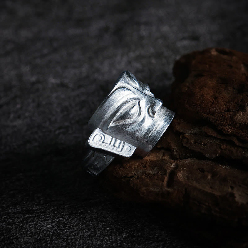 Fortune Jewel 999 Sterling Silver Hand Casting Sanxingdui Mask Protection Ring